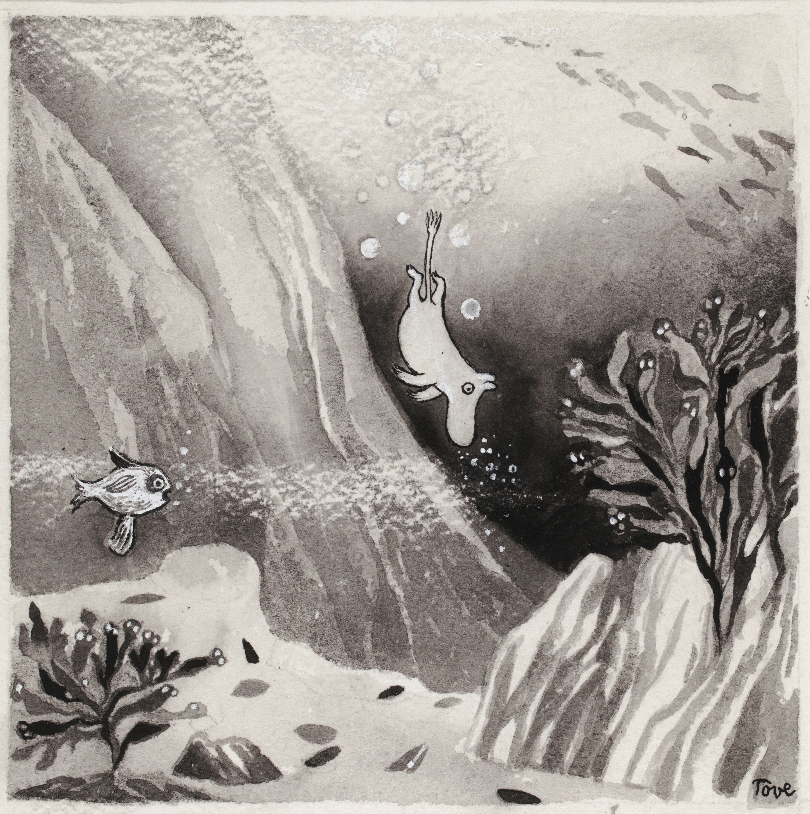 Tove Jansson, Illustration for the book Moominland Midwinter, c. 1956, scrape drawing on cardboard, 13 x 18.5 cm, Private Collec