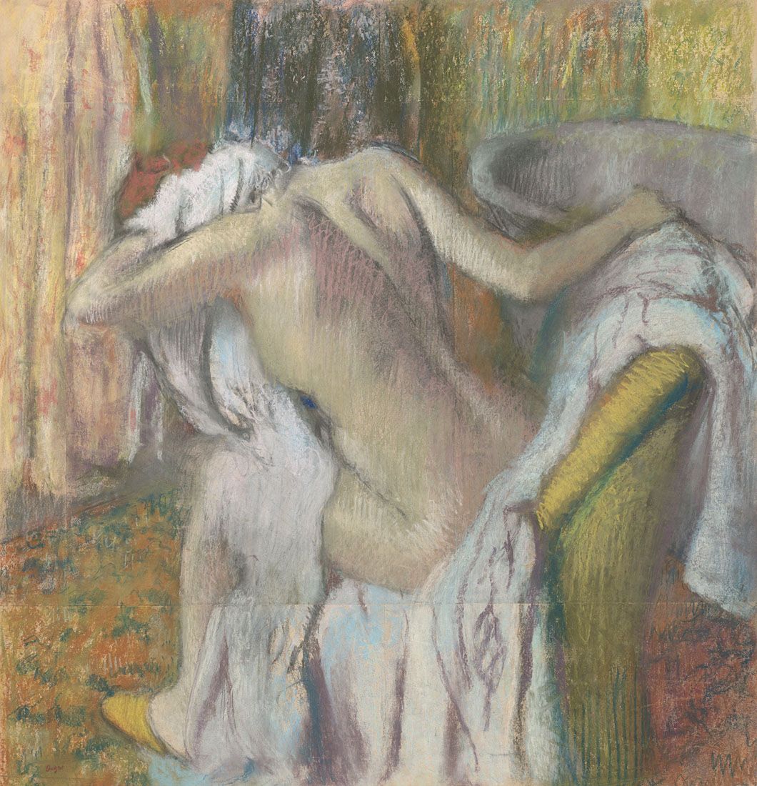 Hilaire-Germain-Edgar Degas  After the Bath, Woman drying herself  about 1890-5  Pastel on paper  103.5 x 98.5 cm  © The National Gallery, London