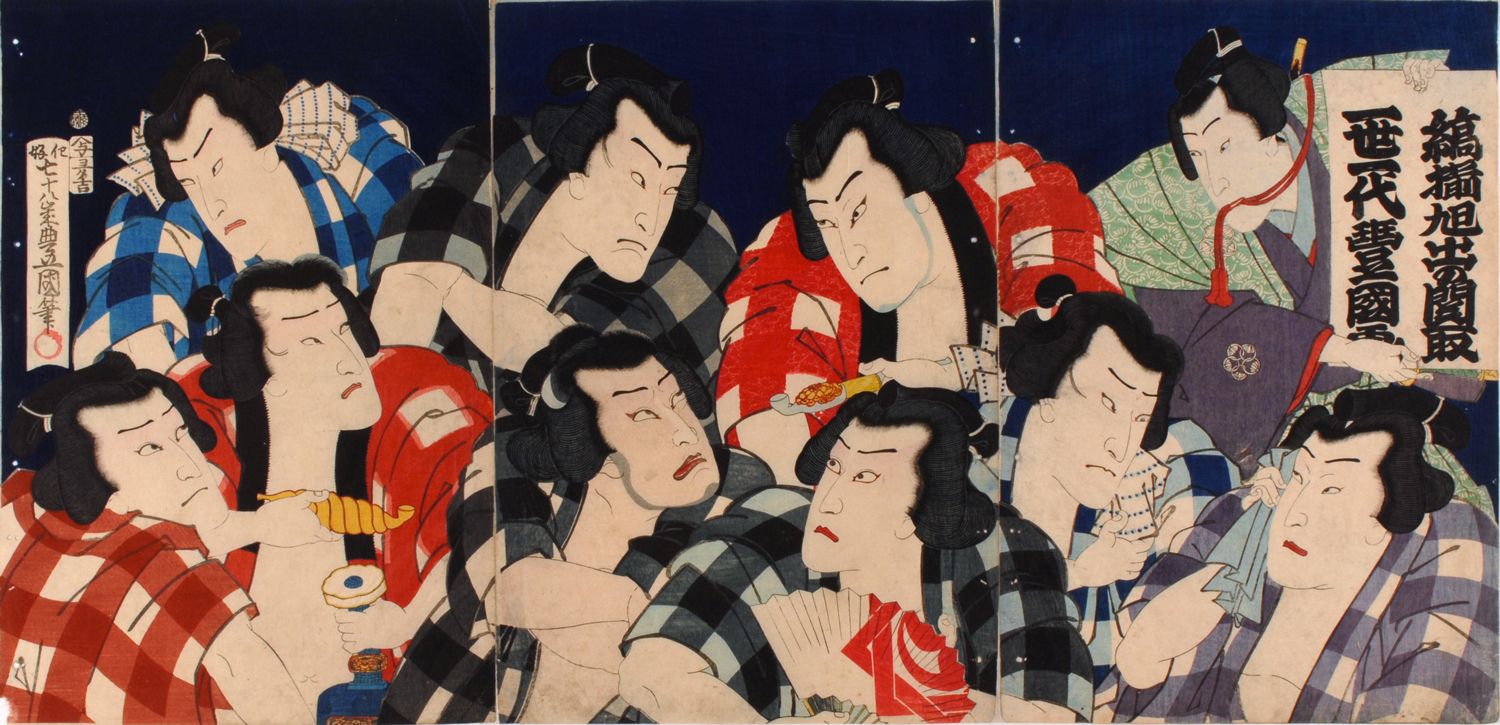 Utagawa Kunisada (1786-1865), Promising champions of sumō with striped dress - The masterpiece of Toyokuni's paintings