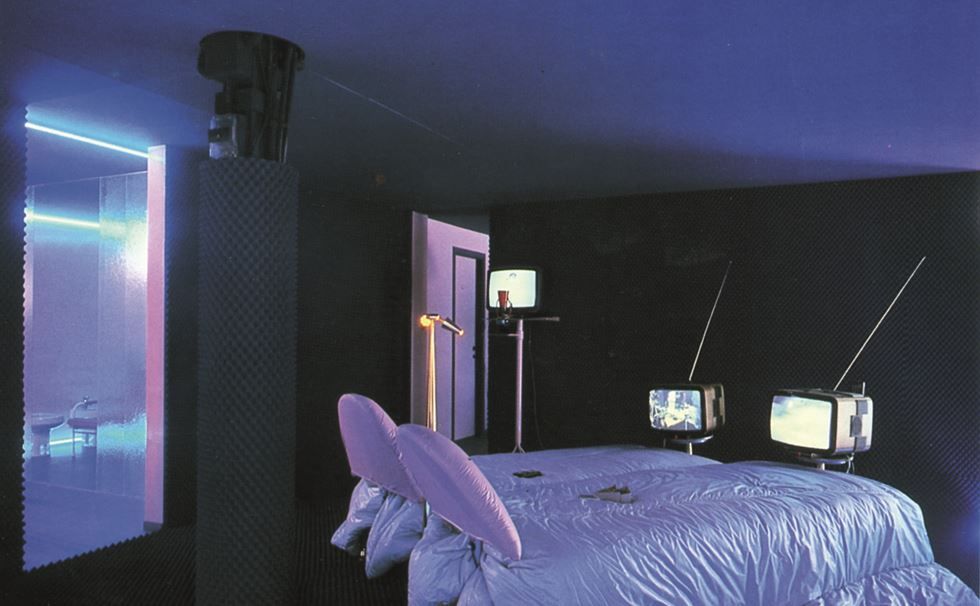 The Televised House, 1982, imagined a home where TV screens would be integrated into every piece of domestic furniture. Image credit | Archivio Ugo La Pietra, Milano.