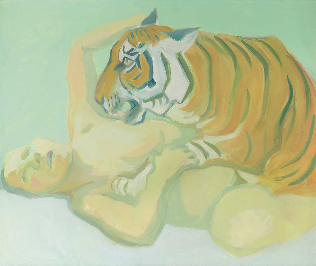 Maria Lassnig Sleeping with a tiger, 1975 Oil on canvas The Albertina Museum, Vienna – Permanent loan from the Österreichische Nationalbank © Maria Lassnig Foundation