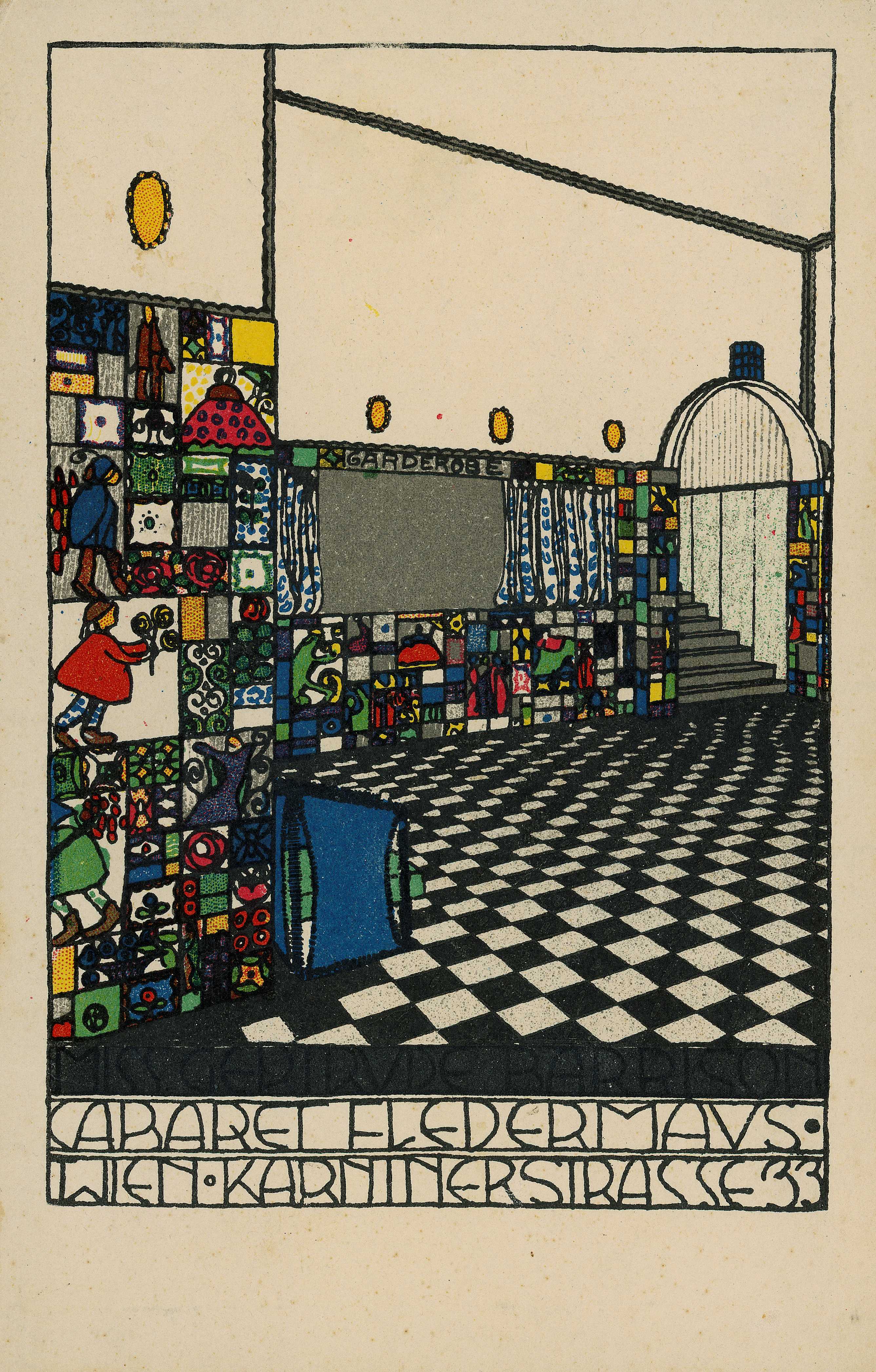 Josef Hoffmann, Kabarett Fledermaus Postkarte, 1907, Theatermuseum, Vienna