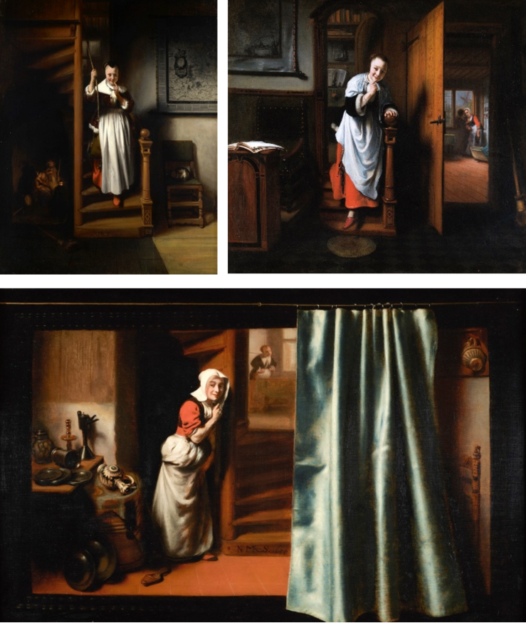 Nicolaes Maes, The Listening Housewife (1655) © Her Majesty Queen Elizabeth II 2020; The Eavesdropper (about 1656) © Historic England Photo Library; The Eavesdropper (1655) © Guildhall Art Gallery, City of London