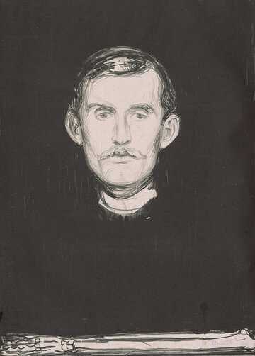 Edvard Munch: Self-portrait (with Skeleton Arm), 1895 45.6 x 31.5 cm Lithograph with litho chalk, ink and nedel in black (©The ALBERTINA Museum, Vienna)
