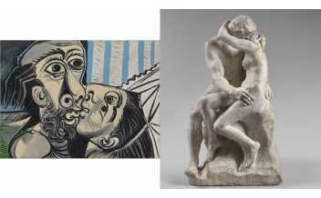 Pablo Picasso, « Le Baiser », Mougins, 26 octobre 1969, Huile sur toile, 97 x 130 cm, Paris, Musée national Picasso-Paris, © Succession Picasso 2020 ; Auguste Rodin, « Le Baiser », vers 1885, plâtre patiné, 86 x 51,5 x 55,5 cm, Paris, Musée Rodin