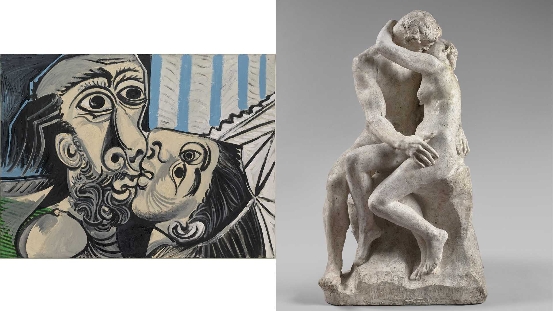 Pablo Picasso, « Le Baiser », Mougins, 26 octobre 1969, Huile sur toile, 97 x 130 cm, Paris, Musée national Picasso-Paris, © Succession Picasso 2020 ; Auguste Rodin, « Le Baiser », vers 1885, plâtre patiné, 86 x 51,5 x 55,5 cm, Paris, Musée Rodin