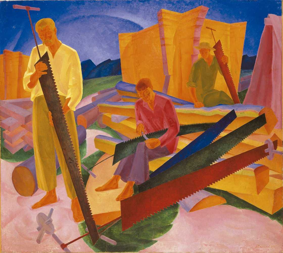 Oleksandr Bohomazov, Sharpening the Saws, 1927 Oil on canvas. 138 x 155 cm. National Art Museum of Ukraine